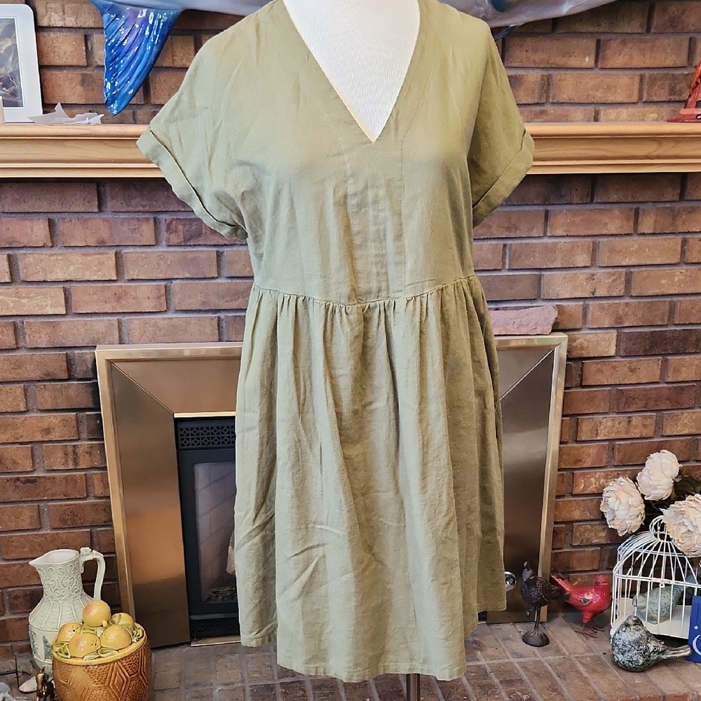 Baby Doll Mini Dress Army Green Olive Size M Linen Blend Lagenlook 2 Pockets